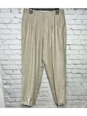 Alan Flusser 100% Linen Tan Breezy Cuffed Pockets Pleated Classic Pants Sz 32X30